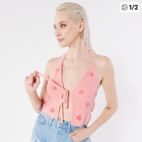 Social Tourist Tops - Social Tourist Pink Heart Halter Top Knit Size Small